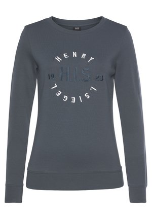 Grauer Langarm-Sweatshirt mit rundem Ausschnitt. Verfügt über gestickten Text "HENRY H.I.S. 1923" in verschiedenen Farben und einem kreisförmigen Muster auf der Vorderseite.