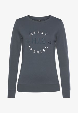 Grijze sweatshirt met lange mouwen en ronde hals. Voorzien van geborduurde tekst "HENRY H.I.S. 1923" in verschillende kleuren en een cirkelpatroon op de voorkant.