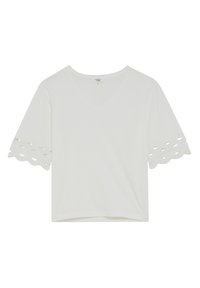 Top bianco a maniche corte con scollatura a V e design a contorno scallop sulle maniche. Realizzato in tessuto morbido e leggero. Orlo cropped.