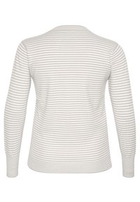 Light grey sweater with horizontal white stripes, long sleeves, and a round neckline. Soft-knit texture, minimal design, no visible fasteners.