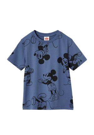 Blaues kurzärmeliges Kinder-T-Shirt mit wiederholten schwarzen Umrissen von Mickey Mouse in verschiedenen Posen.
