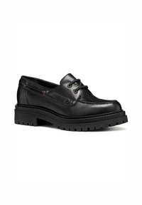 Chaussure en cuir noir avec un design mocassin, bout rond, système de laçage et semelle en caoutchouc épaisse et texturée.