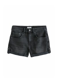 Svarta denimshorts med midjehöjd, framfickor och upprullade ärmar. Har knappstängning och bältesöglor. Slät textur.