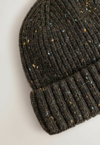 Knitted beanie in dark gray with specks of blue and yellow. Features a ribbed texture and fold-over cuff for added warmth.