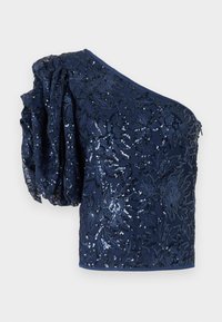 Tengerészi, egy vállon hordható felső, flitterezett virágmintával, texturált puffos ujjal és sima derékkal. Elegáns és testhezálló kialakítás.