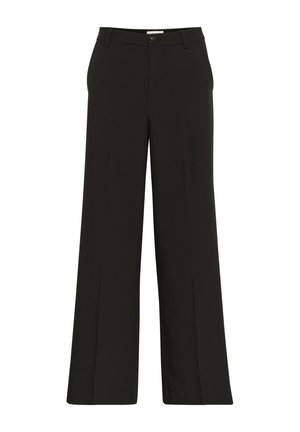 Black wide-leg trousers with a smooth texture, featuring a front button closure and belt loops for adjustable fit. Straight-cut design.