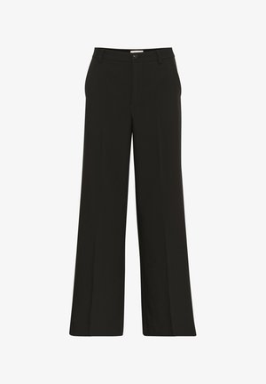 Zwarte broek met wijde pijpen van een gladde stof, met een sluiting aan de voorkant met knoop en lussen voor een verstelbare pasvorm. Rechte snit.