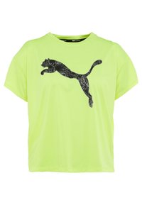 Neon gul kortärmad T-shirt i lätt material, med en svart leaping puma-logotyp med en kartdesign. Avslappnad passform, rundad halsringning.