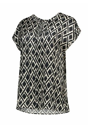 Blouse noire et blanche à manches courtes avec motif abstrait géométrique et petite entaille en V au col.
