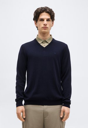 Ung mand med mørkt krøllet hår iført en marineblå V-hals sweater over en beige skjorte med krave og beige bukser, stående foran en ensfarvet baggrund.