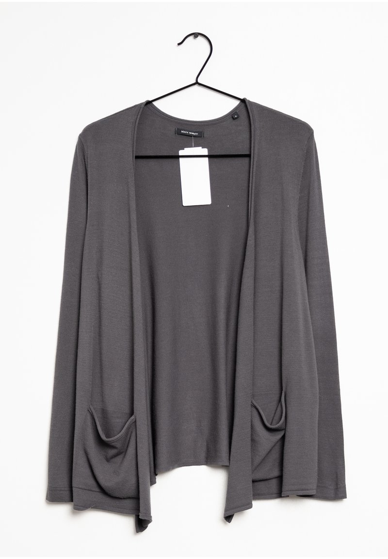 Grauer Langarm-Cardigan mit offenem Frontbereich, mit Taschen, aus weichem Stoff und mit lockerer Passform. Beinhaltet ein Etikett am Kragen.
