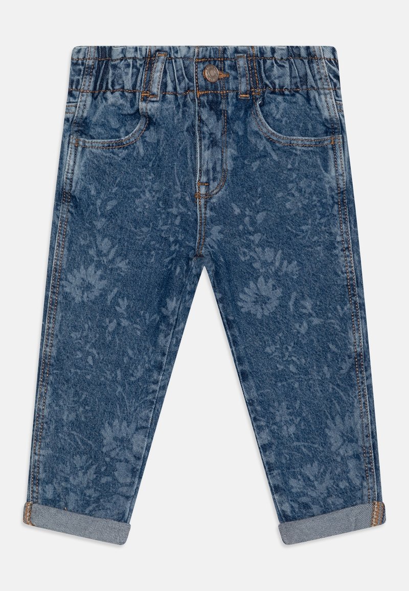 Jean bleu pour tout-petit avec taille élastique, fermeture par bouton, poches avant, revers retroussés et motif floral subtil.