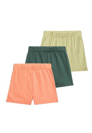 Drei Paare Shorts mit elastischem Bund in Grün, Pfirsich mit Streifen und Hellgrün mit Streifen, überlappend auf einem weißen Hintergrund angeordnet.