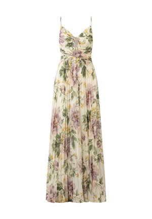 Blumen-maxikleid mit Spaghettiträgern, das einen gerafften Oberteil, einen plissierten Rock und einen leichten, durchsichtigen Stoff in Pastellfarben aufweist.