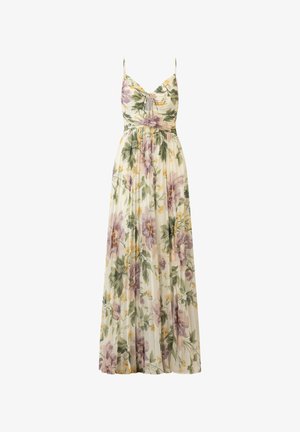 Blumen-maxikleid mit Spaghettiträgern, das einen gerafften Oberteil, einen plissierten Rock und einen leichten, durchsichtigen Stoff in Pastellfarben aufweist.