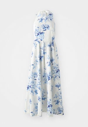 Rochie maxi florală cu guler halter, cu flori albastre pe un fundal deschis, talie strânsă și fustă fluidă. Fabricată dintr-un material ușor.