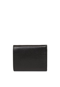 Portefeuille en cuir noir avec une finition texturée, de forme rectangulaire et au design pliable. Style minimaliste sans quincaillerie visible.
