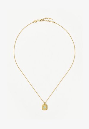 Kuldne kaelakee nõrgalt hõljuva kettiga ja ruudukujulise ripatsiga, kus on türkiissinine aktsent ning tekstureeritud päikesekiirte muster.