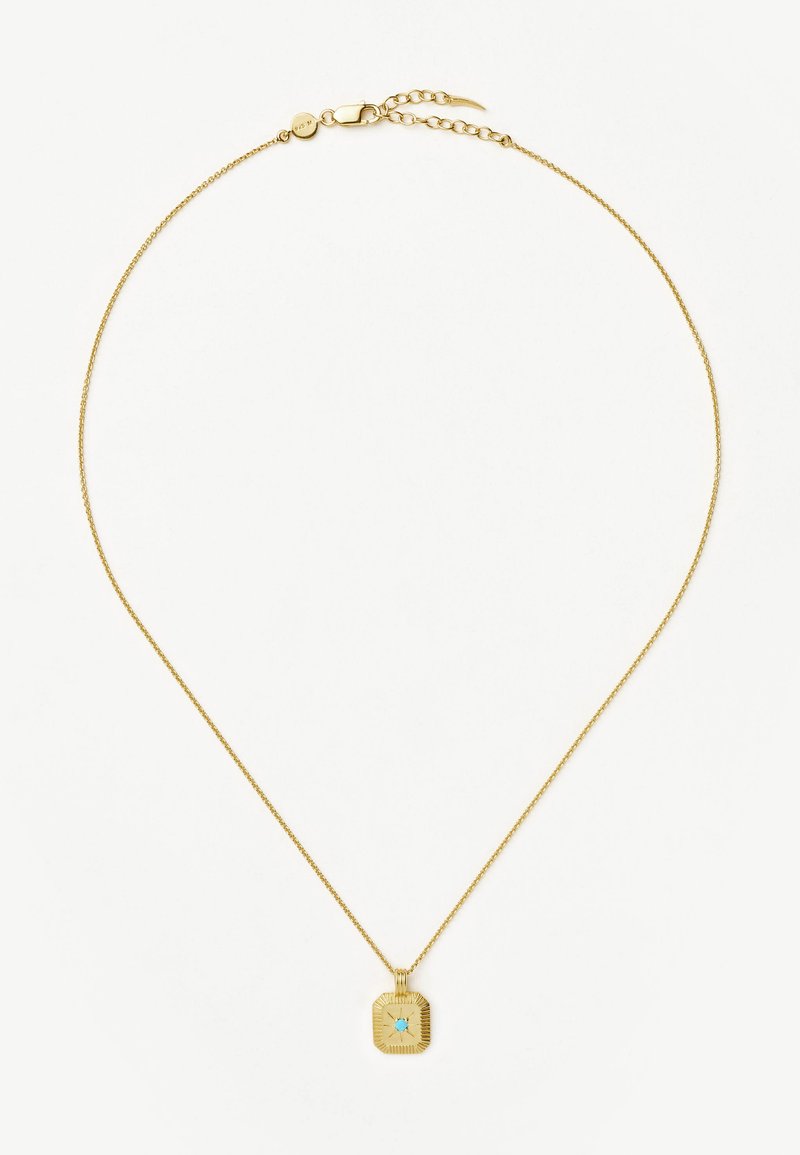 Colar de ouro com uma corrente delicada e um pendente quadrado com um detalhe em turquesa e um design texturizado de raios solares.