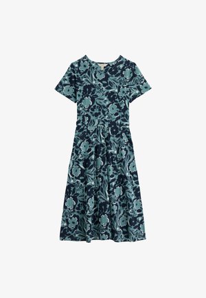 Rochie midi cu mâneci scurte, culoare teal închis, cu imprimeu floral în nuanță teal deschis și talie ușor adunată.