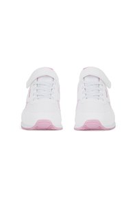 Balti sportiniai bateliai su rožiniais akcentais, su raišteliais ir lipniu dirželiu. Lygus paviršius, apvalus nosis ir raštuotas pado dizainas.