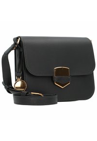 Borsa a tracolla in pelle nera con chiusura e accessori in tonalità oro, dotata di una tracolla removibile e dettagli di cucitura sottili. Forma compatta e rettangolare.