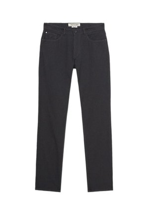 Jeans in denim nero con vestibilità dritta, design a cinque tasche e cuciture a contrasto. Presentano una chiusura con zip e un'etichetta con logo sulla vita.