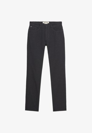 Schwarze Jeans aus Denim mit geradem Schnitt, Fünf-Taschen-Design und kontrastierenden Nähten. Verfügt über einen Reißverschluss und ein Logo-Label am Bund.