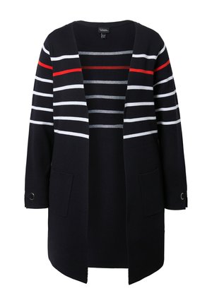 Navy blue long cardigan with white and red horizontal stripes on upper sleeves and chest, front pockets, and open front design.