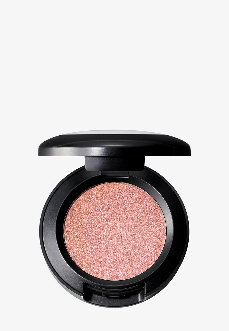 Compact blush with a black casing, featuring a round, shimmery pink powder with fine sparkles. The lid is slightly ajar, revealing the product.