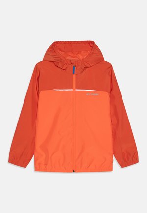 Red-orange jacket with a hood, featuring a reflective stripe across the chest, elastic cuffs, and a full-length zippered front closure.