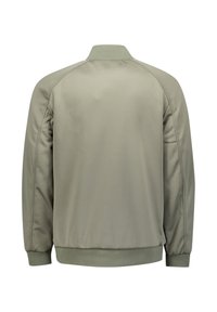 Licht olijfgroene bomberjack met een solide textuur, geribde kraag en manchetten. Beschikt over een strak ontwerp met raglanmouwen en geen zichtbare hardware.