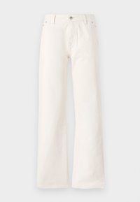 Hvite vide jeans laget av denim, med frontknapp-lukking, fem lommer og en jevn tekstur uten synlige mønstre.