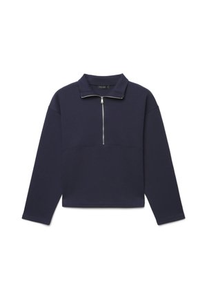 Marineblauer Langarm-Pullover mit kurzem Stehkragen und einem silbernen halben Reißverschluss in der vorderen Mitte.