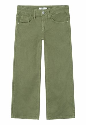 Pantalons larges en khaki en coton doux, dotés de poches avant, d'une fermeture bouton à l'avant et de détails de couture ton sur ton.