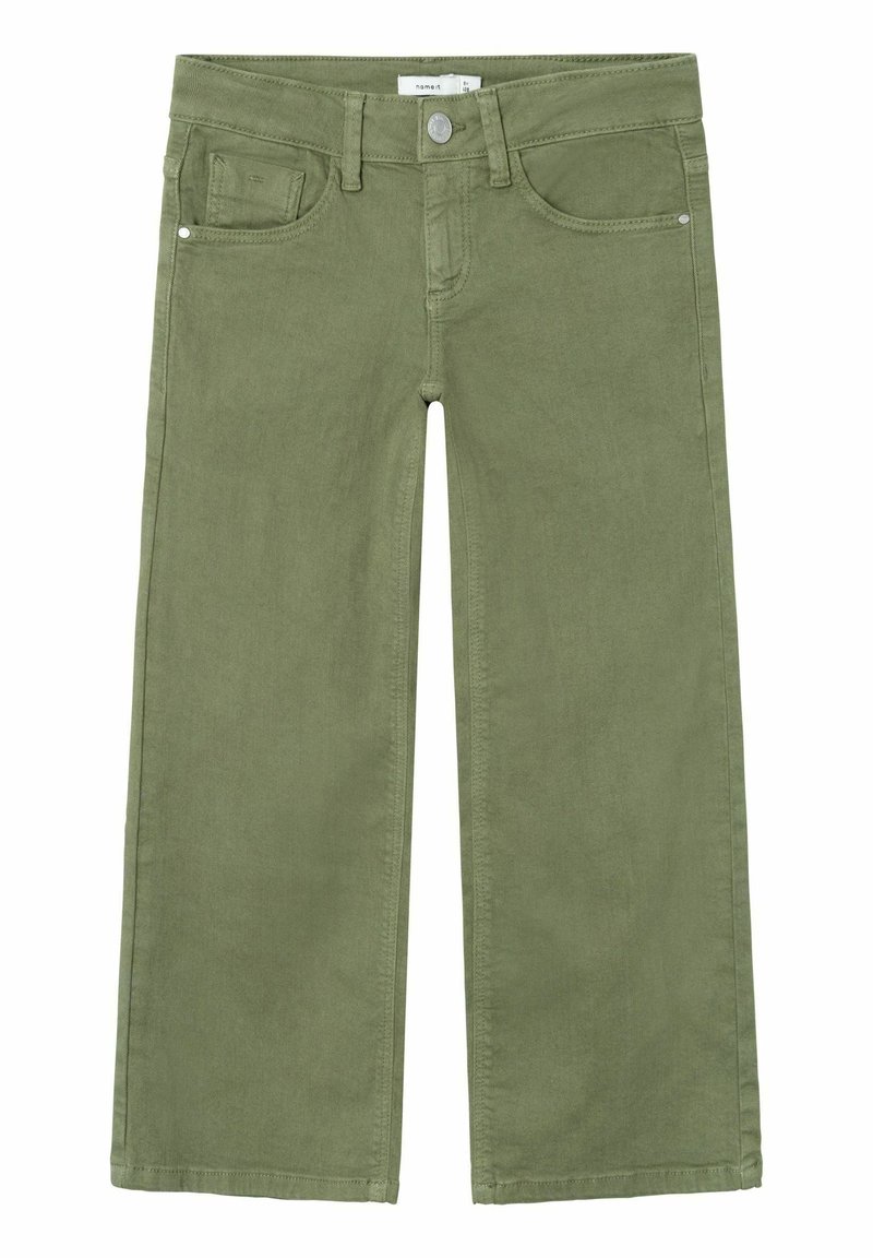 Pantalons larges en khaki en coton doux, dotés de poches avant, d'une fermeture bouton à l'avant et de détails de couture ton sur ton.