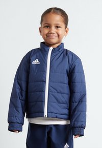 Dunkelblaues Puffer-Jacke mit weißem Reißverschluss und adidas-Logo, ausgestattet mit einem Stehkragen und elastischen Bündchen, durchgehend mit gesteppter Textur.