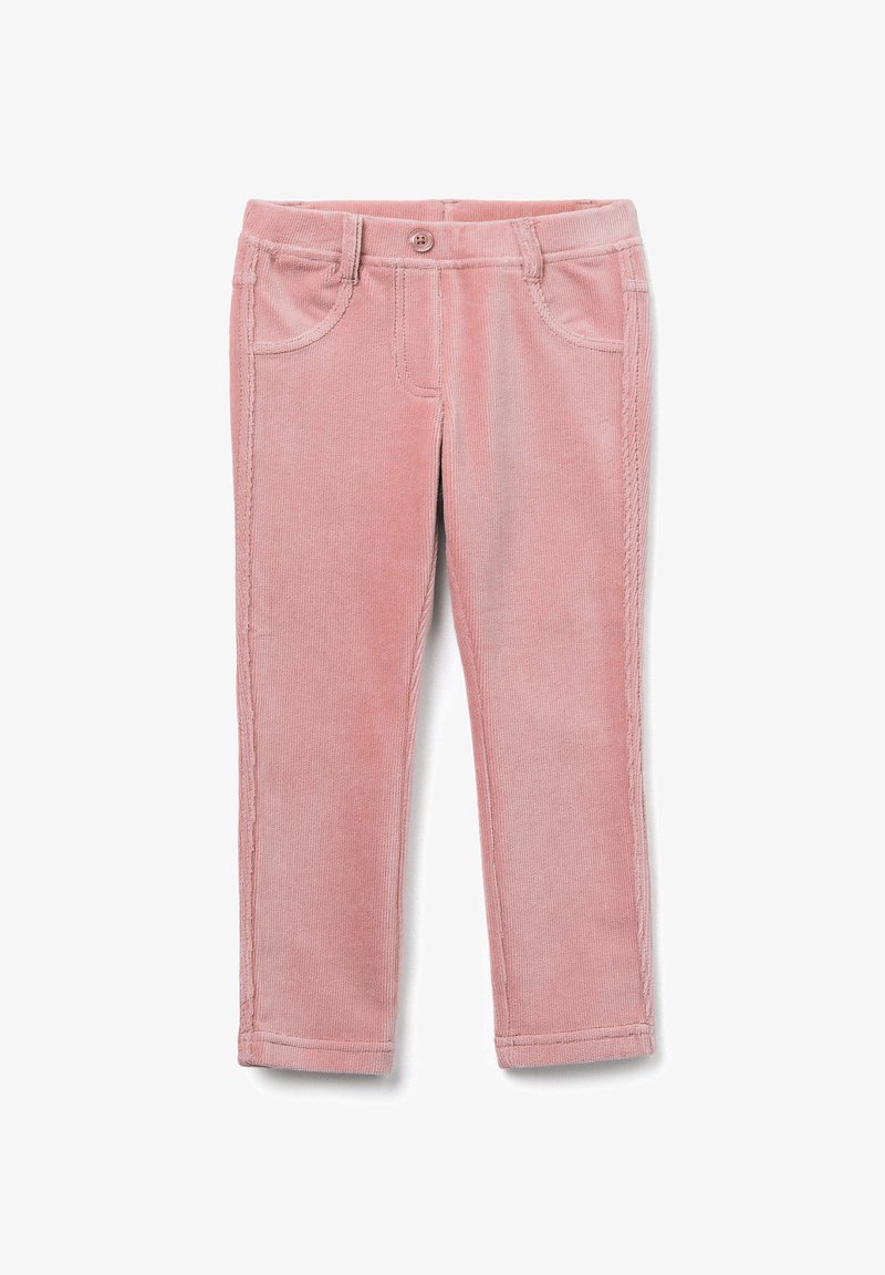 Różowe spodnie w ryps z dopasowanym krojem, z przednimi kieszeniami i zapięciem na guziki. Miękka faktura i żebrowany wzór w całej długości.
