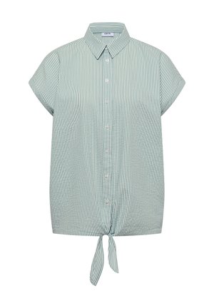 Krátké rukávy svisle pruhované světle zelené a bílé košile s límečkem a předním zavazováním na spodním lemu.