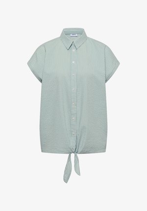 Krátké rukávy svisle pruhované světle zelené a bílé košile s límečkem a předním zavazováním na spodním lemu.