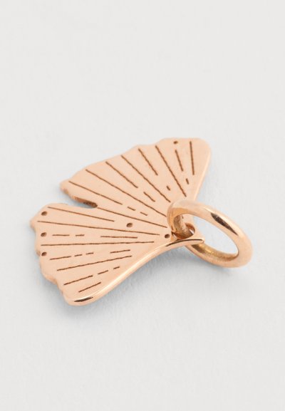 Rose gold ginkgo leaf pendant with a textured surface, intricate lines, and a small loop for attachment. The design is organic and elegant.