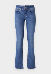 Jean en denim bleu à taille haute, deux boutons sur le devant, poches avant et jambes légèrement évasées.