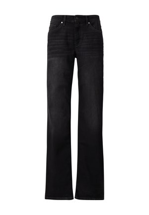 Jeans in denim neri con design a gamba dritta, caratterizzati da leggere sfumature, stile a cinque tasche e chiusura standard con bottone e zip.