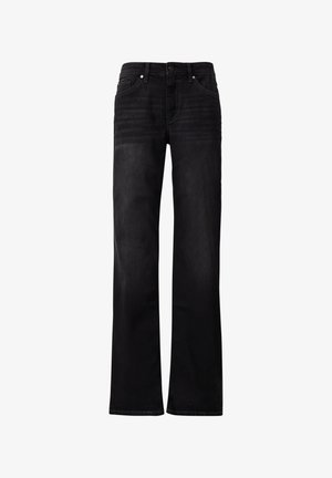 Schwarze Jeans aus Denim mit geradem Bein, feinen Abnutzungsstellen, fünf Taschen und einem normalen Knopf- und Reißverschluss.