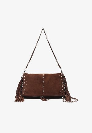 Brown suede crossbody bag with silver studs, fringe accents, and a chain strap. Rectangular shape with a zipper closure.