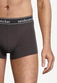 Dunkelgraue Boxer-Briefs mit weicher Textur, elastischem Bund mit "seidensticker"-Logo in weiß auf schwarzem Hintergrund.