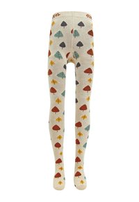 Beige Strumpfhosen mit einem Muster aus bunten Bäumen in Rot, Grün, Gelb und Blau, aus weichem, dehnbaren Stoff.