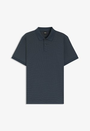 Dunkelblaues Poloshirt aus strukturiertem Stoff, mit klassischem Kragen, drei Knöpfen und kurzen Ärmeln mit einfarbigem Besatz.