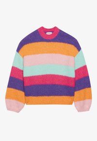 Multicolored striped sweater featuring shades of pink, orange, purple, green, and blue, with a soft texture and a round neckline.