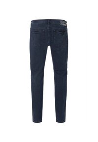 Dunkelblaue Skinny-Jeans aus Denim mit mittelhoher Taille, zwei Gesäßtaschen und feinen Steppdetails entlang der Nähte.